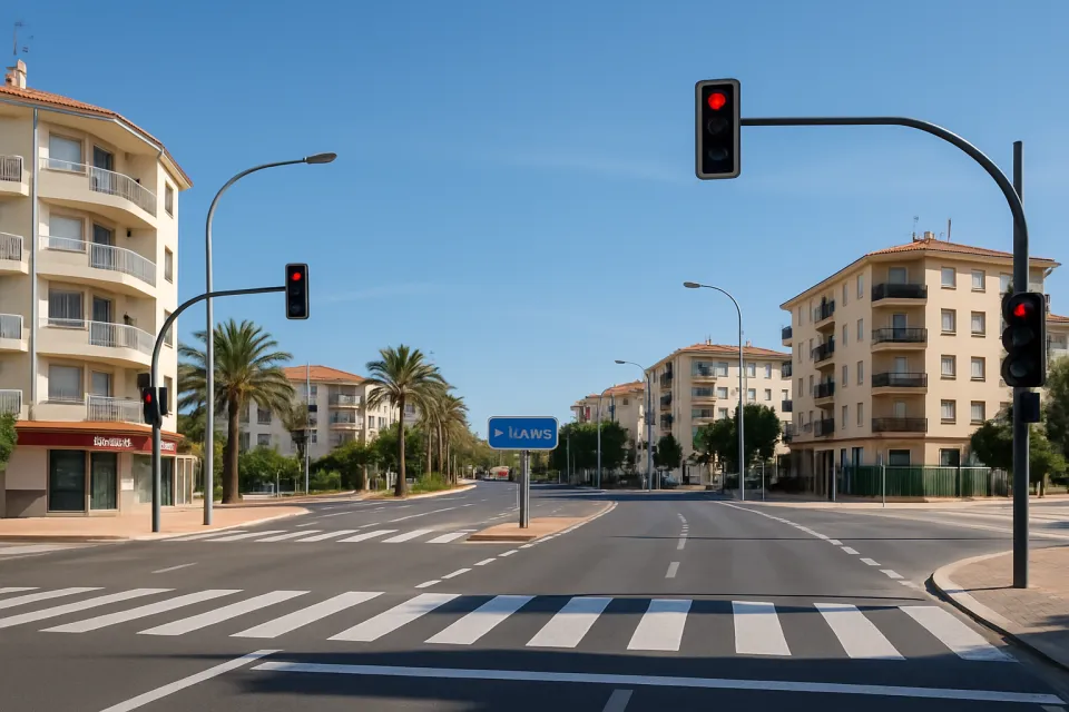 Cruce urbano en Dénia con semáforos, calles anchas, arquitectura mediterránea y luz natural diurna