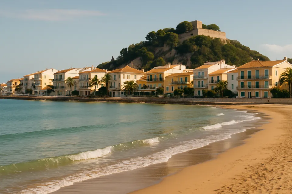 Vista costera de Dénia con playa, mar tranquilo y edificios de la costa mediterránea bajo luz natural diurna.