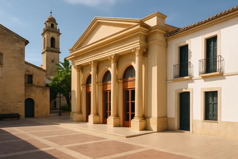 Facade of a cultural building in Dénia with typical Mediterranean architecture, under natural daylight.