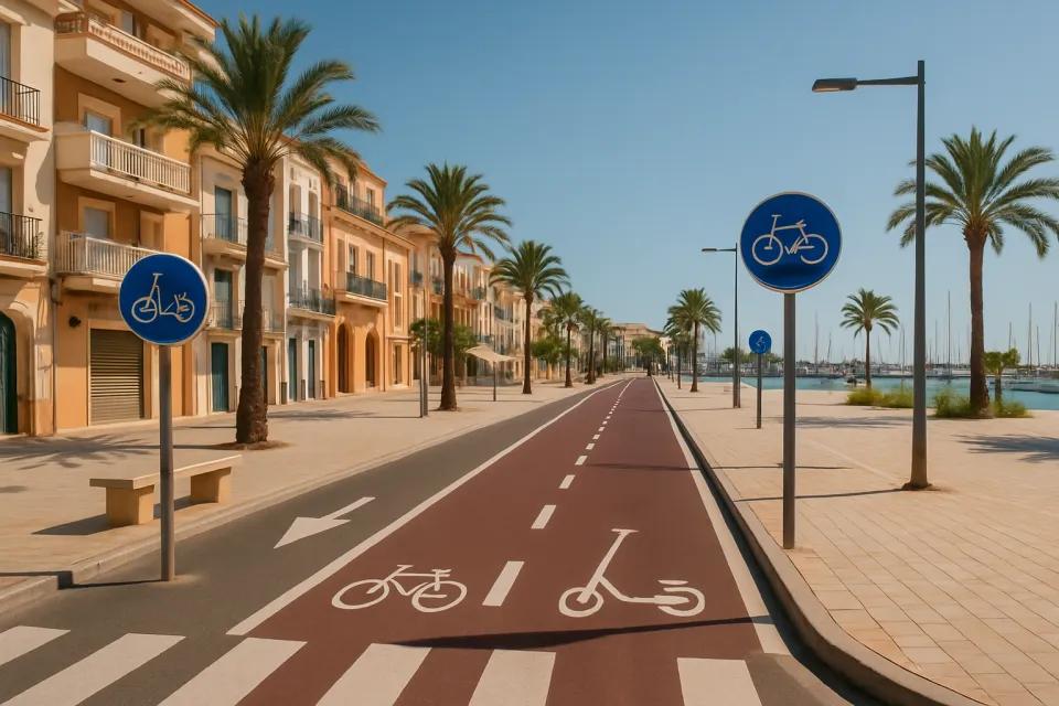 Calles y paseos de Dénia con carriles para bicicletas y patinetes, arquitectura mediterránea y señalización vial bajo luz natural.