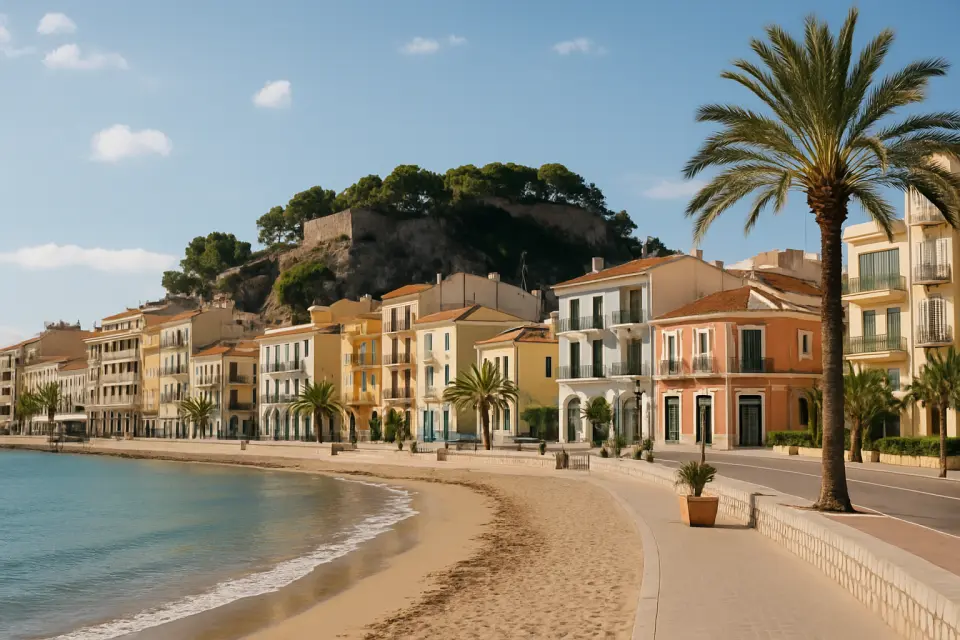 Vista della costa e dell'architettura urbana di Dénia, con edifici e paesaggio mediterraneo sotto luce naturale.