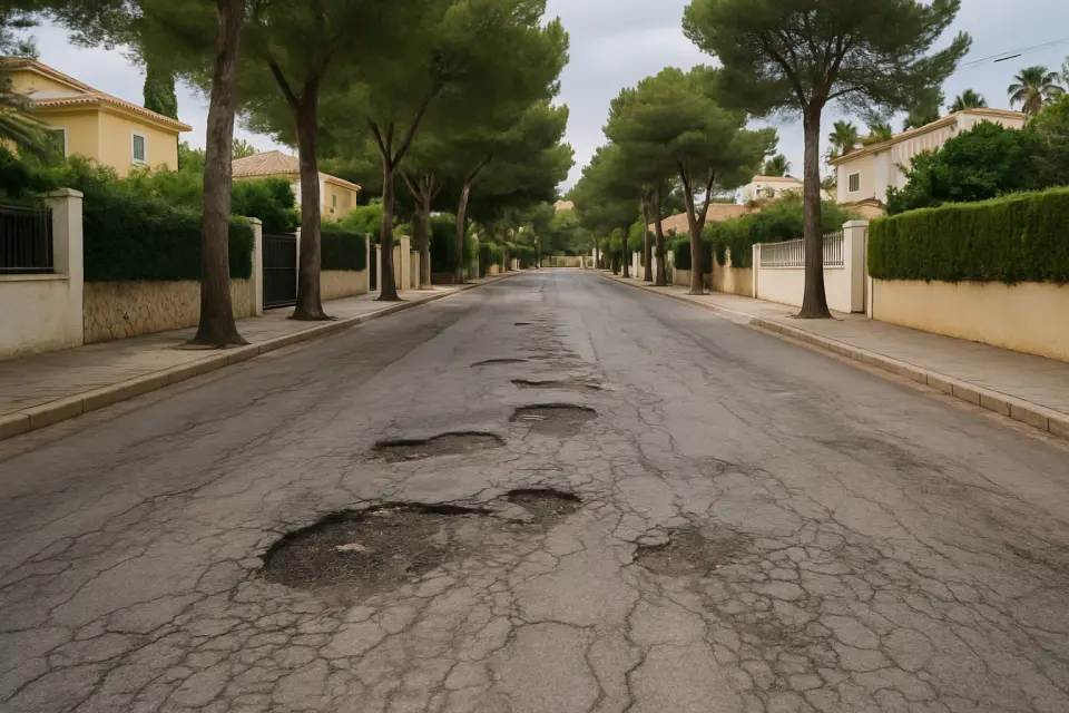 Strada residenziale a Calpe con asfalto danneggiato, buche e deformazioni della superficie. Quartiere mediterraneo con alberi e architettura locale.