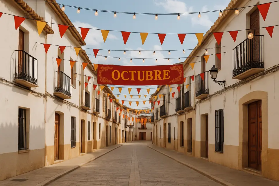 Calle del pueblo de El Verger decorada con motivos festivos para las celebraciones de octubre, arquitectura mediterránea tradicional.