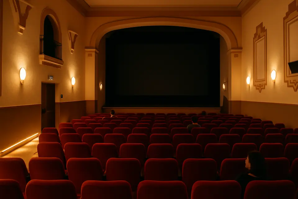 Interior del Cine de Benissa con butacas rojas y pantalla de proyección en una sala de cine mediterránea