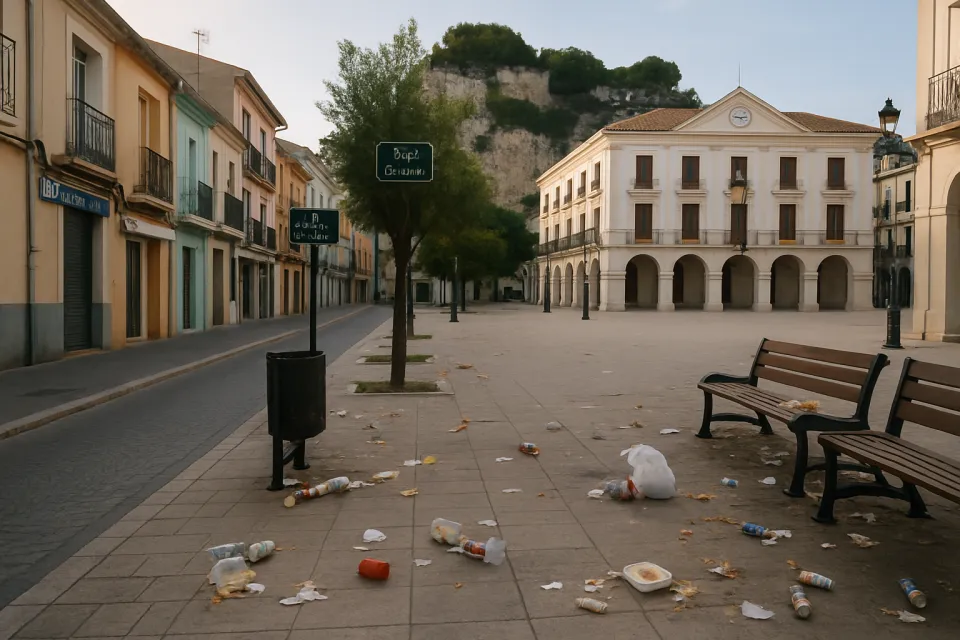Calle la Mar y plaza del Consell de Dénia con residuos dispersos en el suelo y bancos públicos durante la mañana.