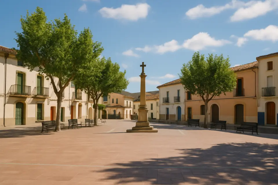 Plaza de Colón a Parcent, spazio pubblico con architettura mediterranea e edifici tradizionali della Marina Alta, sotto luce naturale diurna.