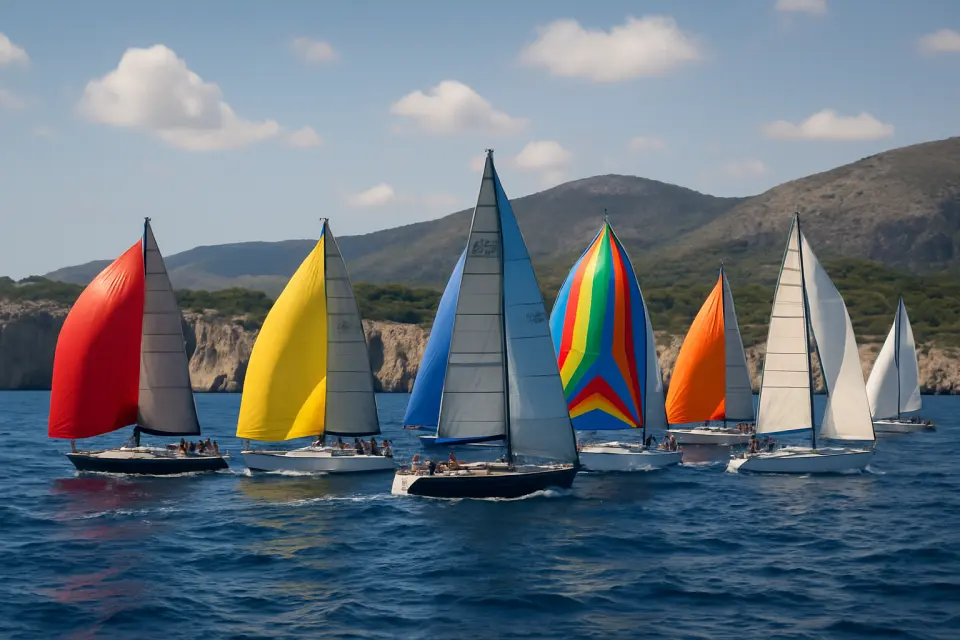 Barche a vela in competizione nelle acque mediterranee al largo della costa di Dénia con vele spiegate alla luce naturale