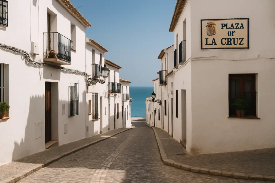 Calle costera en Altea con arquitectura tradicional blanca, calzada de adoquines y edificios residenciales junto al mediterráneo en luz natural.