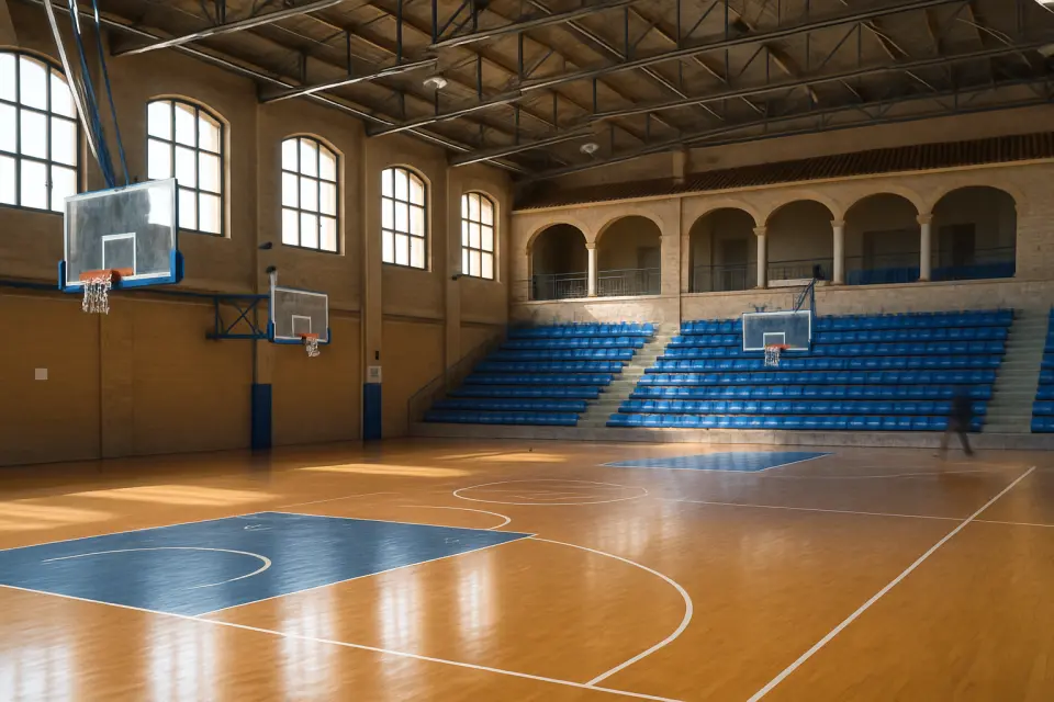 Campo da basket coperto con parquet, canestro e tabellone, illuminato da luce naturale in una struttura sportiva mediterranea.