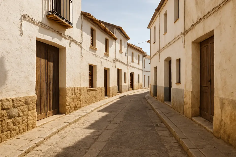Calle estrecha de El Verger con arquitectura tradicional mediterránea, fachadas encaladas y pavimento antiguo bajo luz natural diurna.