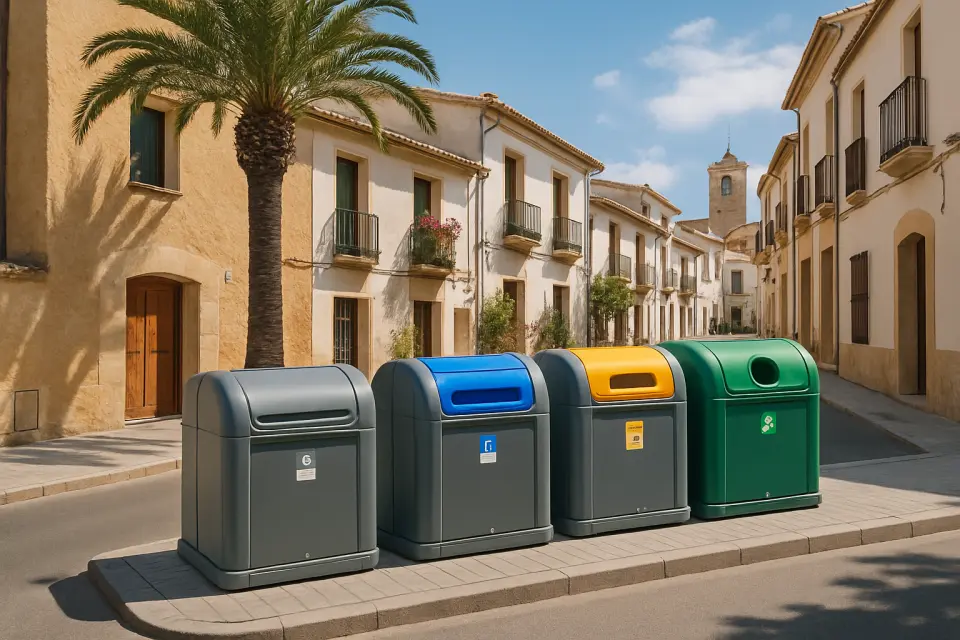 Isla de contenedores inteligentes de reciclaje en una calle de Benissa con varios recipientes de diferentes colores para separación selectiva de residuos.
