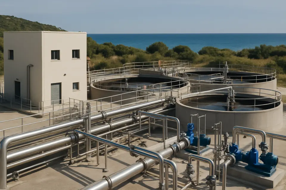 Impianti del depuratore delle acque reflue con edifici di pretrattamento, serbatoi di trattamento e attrezzature elettromeccaniche a Marina Alta.
