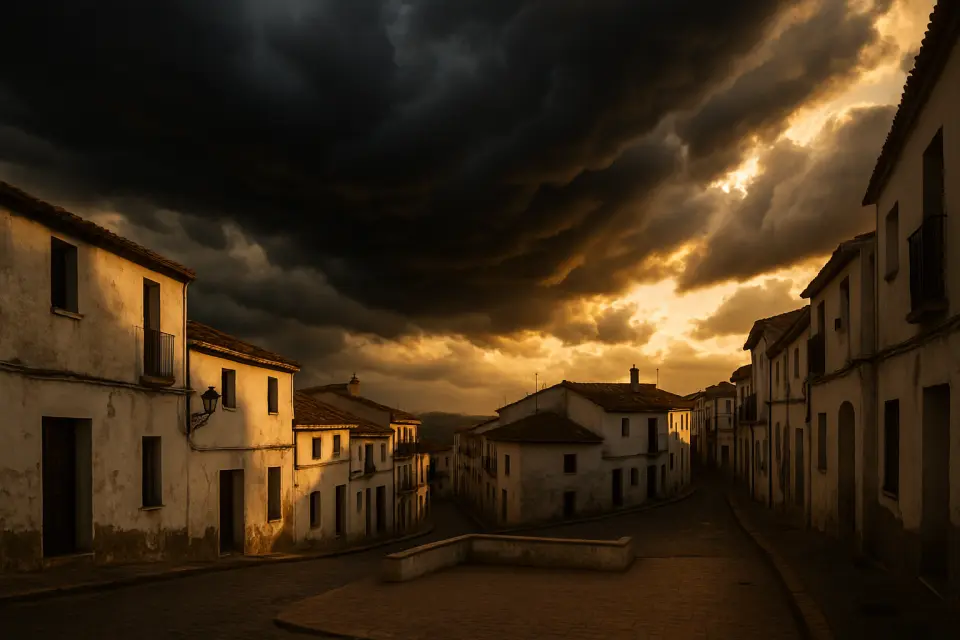 Cielo tempestoso sul villaggio costiero di Gata de Gorgos con nuvole scure e luce dorata tra edifici bianchi di architettura mediterranea.