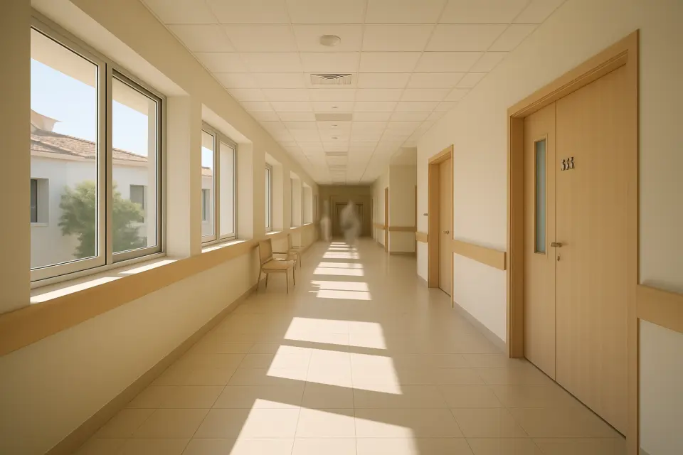 Corridoio luminoso dell'Ospedale Universitario di Dénia con luce naturale, architettura moderna e atmosfera accogliente.