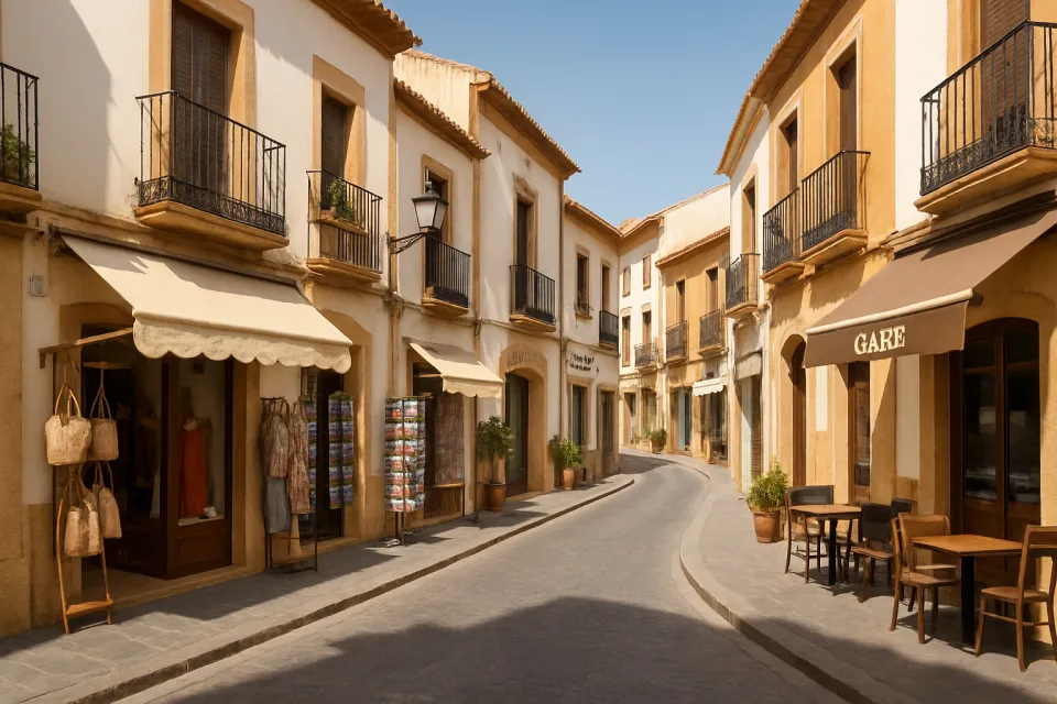 Commercial street in Xàbia with local shops and businesses under Mediterranean natural light.