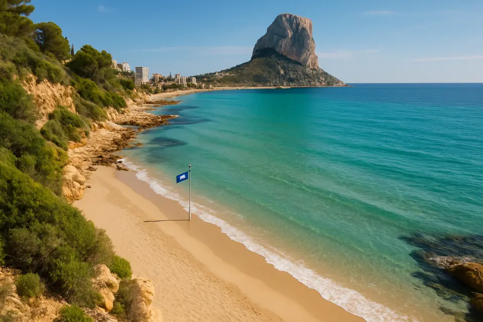 Spiaggia mediterranea con acque cristalline e sabbia dorata sulla costa di Calpe, circondata da scogliere rocciose e vegetazione costiera sotto la luce naturale.