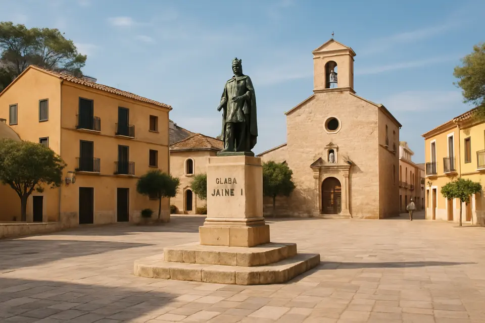 Piazza Jaume I a Dénia con il suo monumento storico, architettura mediterranea tradizionale e luce naturale diurna.