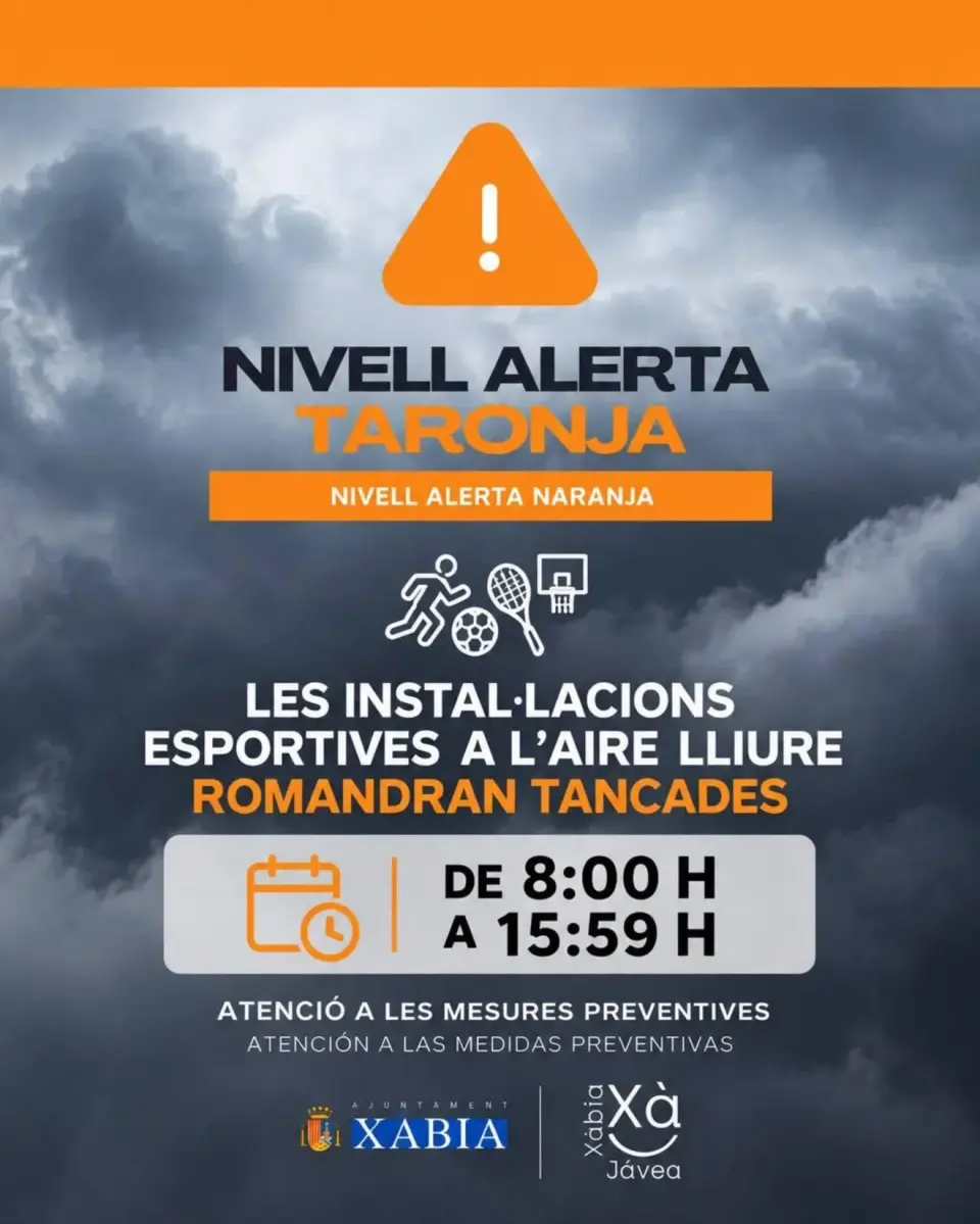 Xàbia chiuderà gli impianti sportivi all'aperto per l'allerta arancione di sabato