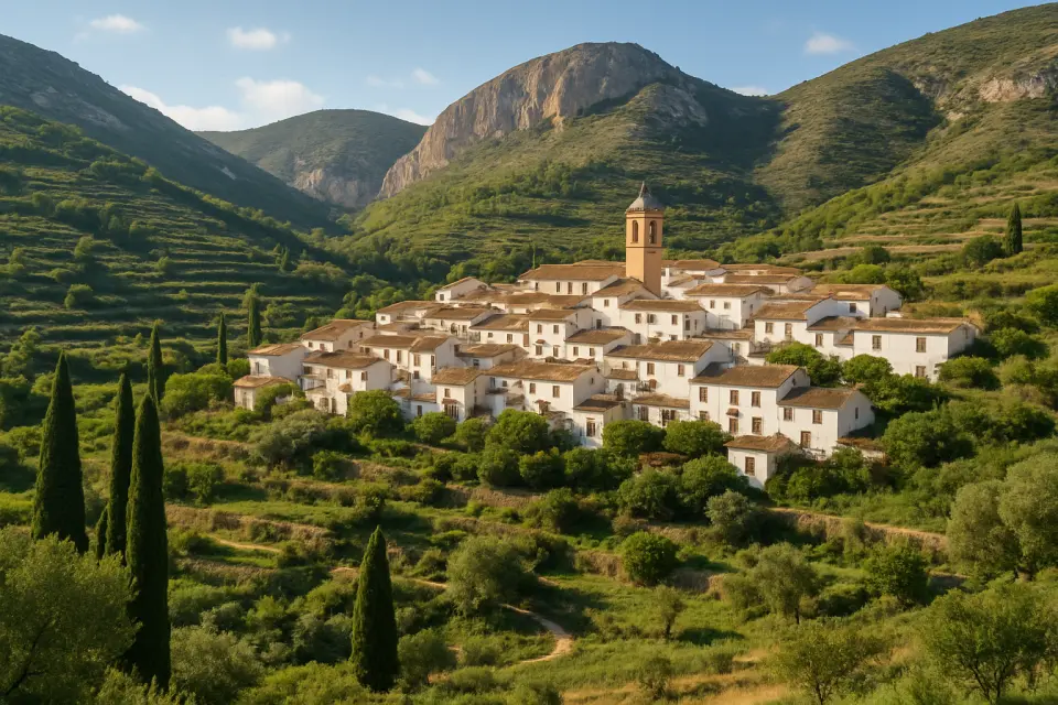 Tradizionale villaggio bianco in una valle verde della Marina Alta, circondato da montagne e vegetazione mediterranea sotto la luce naturale del giorno.