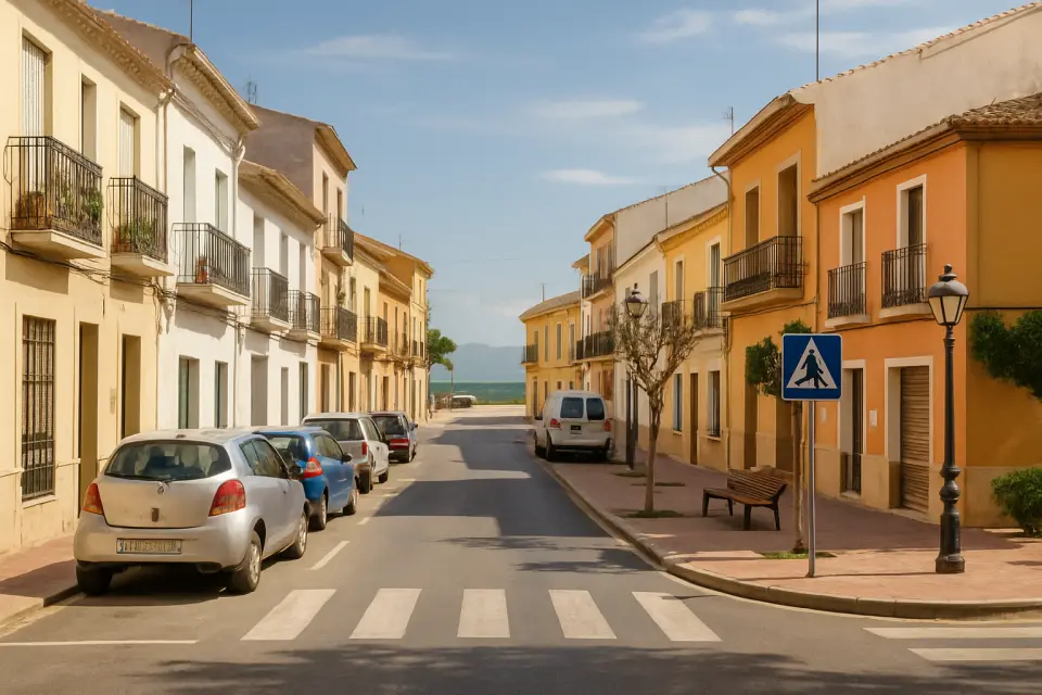 Calle de El Verger con arquitectura mediterránea, vehículos aparcados y luz natural diurna.