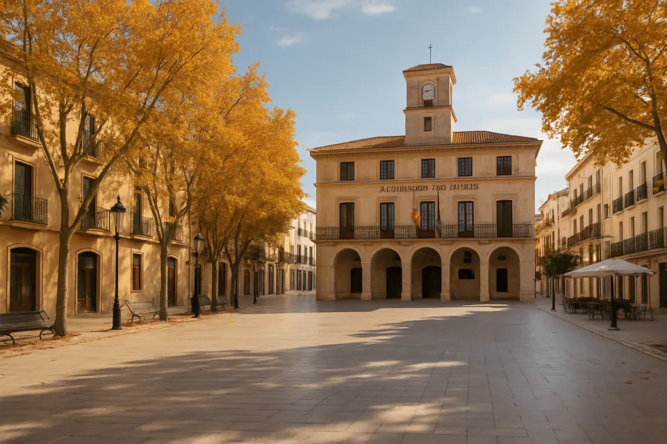 Plaza pública de Dénia con arquitectura mediterránea típica, luz natural otoñal, espacio cívico y comunitario en el centro urbano.