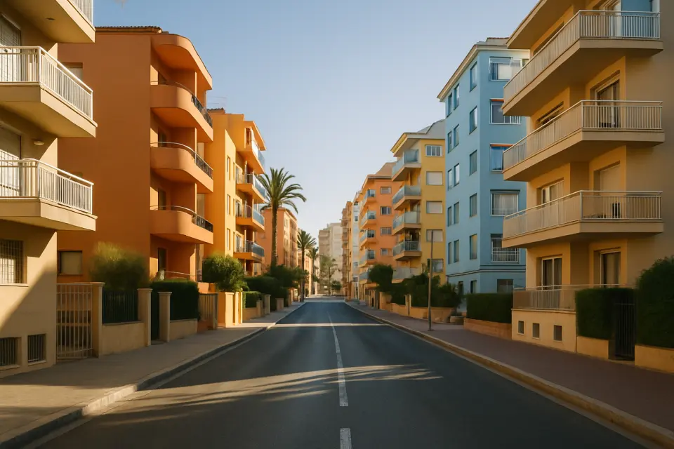 Via residenziale a Benidorm con edifici residenziali, luce naturale di mezzogiorno, architettura mediterranea tipica.