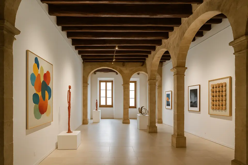 Interior de galería de arte contemporáneo con obras expuestas en paredes blancas, arquitectura histórica mediterránea, luz natural, sin personas visibles.