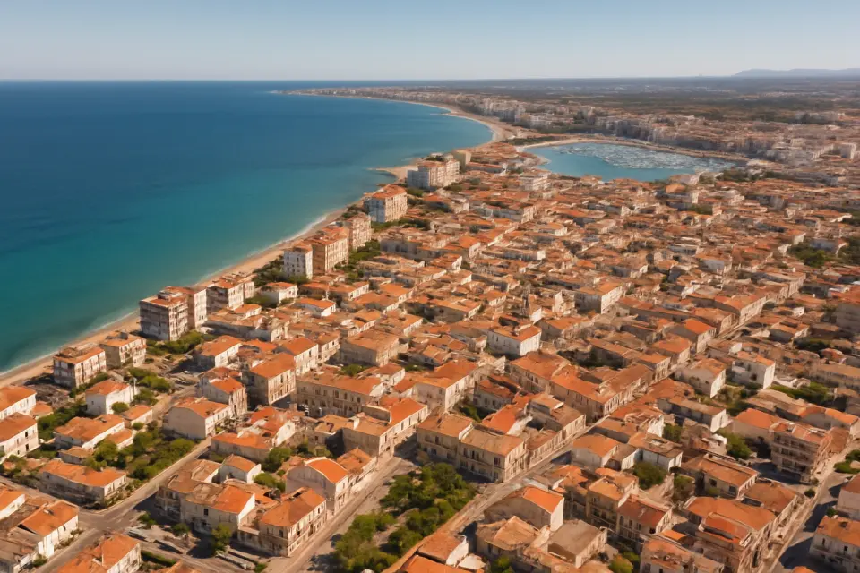 Luchtfoto van de gemeente Dénia met zijn straten, gebouwen en de Middellandse Zeekust op de achtergrond onder natuurlijk licht.