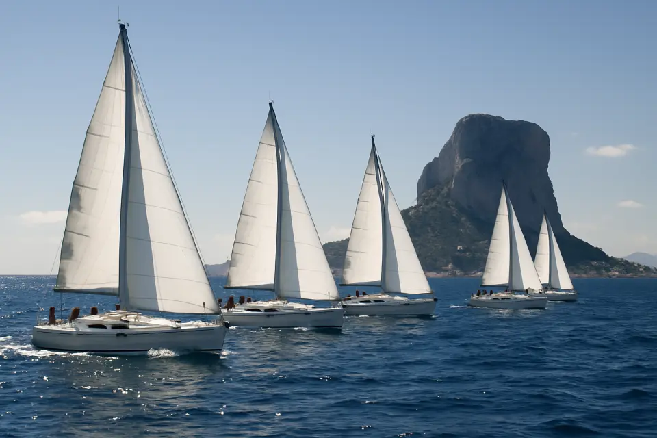 Diverse barche a vela bianche in competizione in acque blu al largo della costa di Calp, con il Peñón de Ifach sullo sfondo.