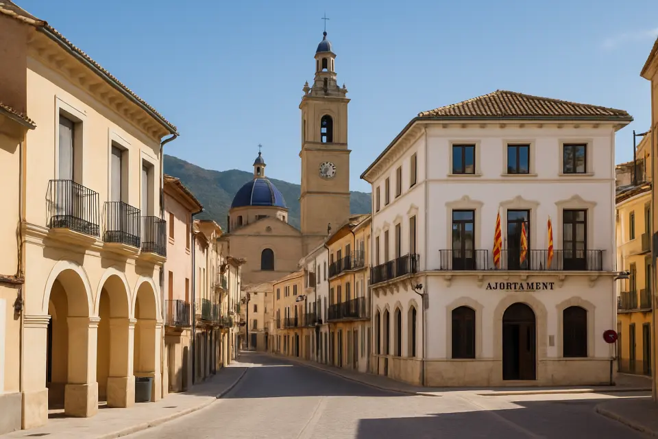 Vista del municipio de Pego en la Marina Alta, con arquitectura mediterránea típica y espacios públicos locales bajo luz natural.