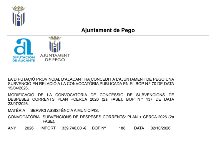 El Ayuntamiento de Pego recibe 339.746 euros de la Diputación de Alicante para gastos corrientes
