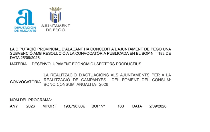 La Provincia di Alicante assegna a Pego 193.798 euro per la campagna Bo Consum 2026