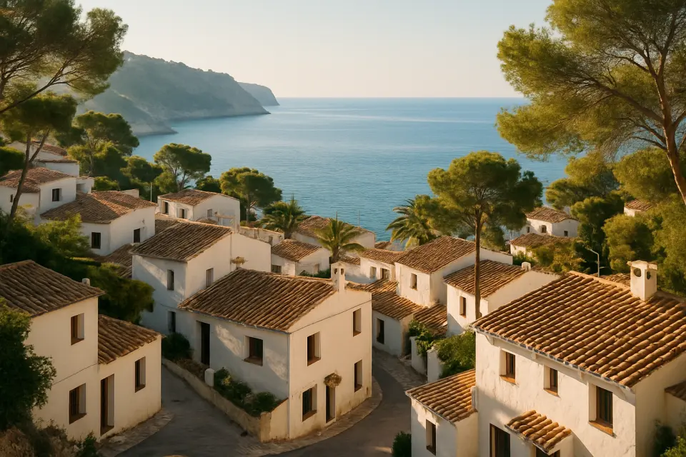 Tradizionali case bianche con tetti in tegole di argilla in un piccolo villaggio costiero di Marina Alta, circondate da pini e vista sul blu Mar Mediterraneo.