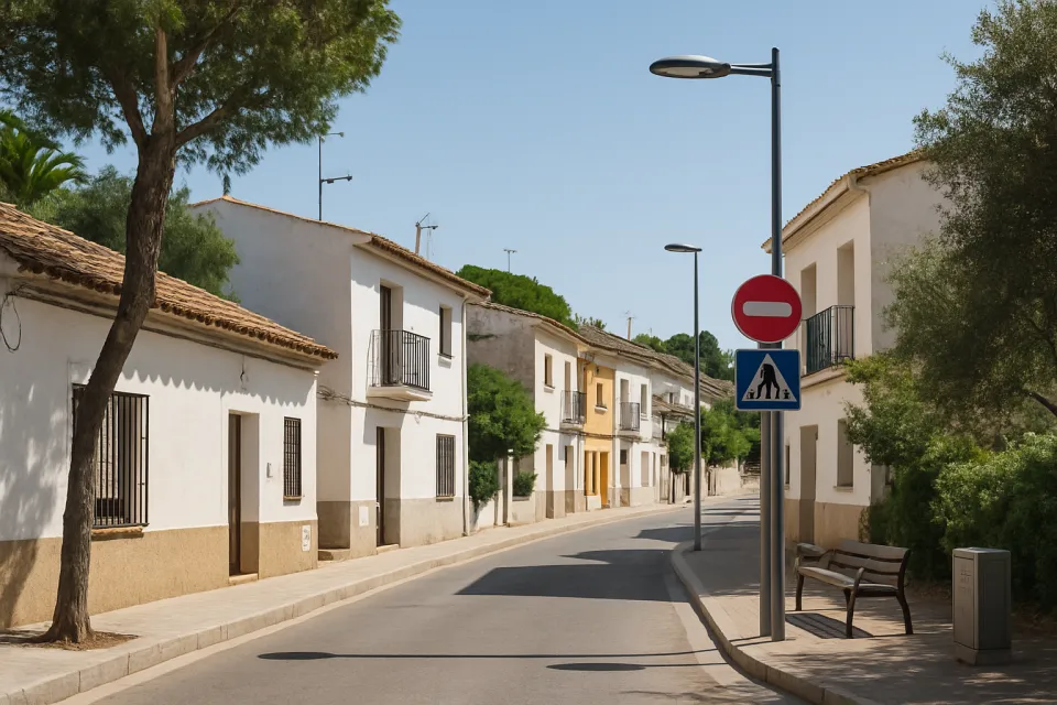 Calle tranquila de una barriada mediterránea con arquitectura local, señalización vial y alumbrado público mejorado bajo luz natural diurna.