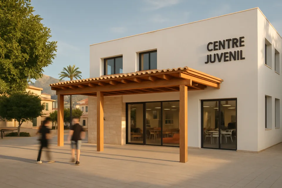 Fachada moderna de un centro juvenil en Dénia con arquitectura mediterránea y luz natural de tarde