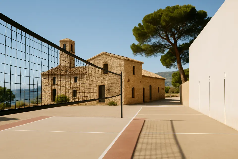 Campo sportivo all'aperto a Marina Alta con impianti per pallavolo, frontenis o pelota valenciana sotto la luce naturale mediterranea.