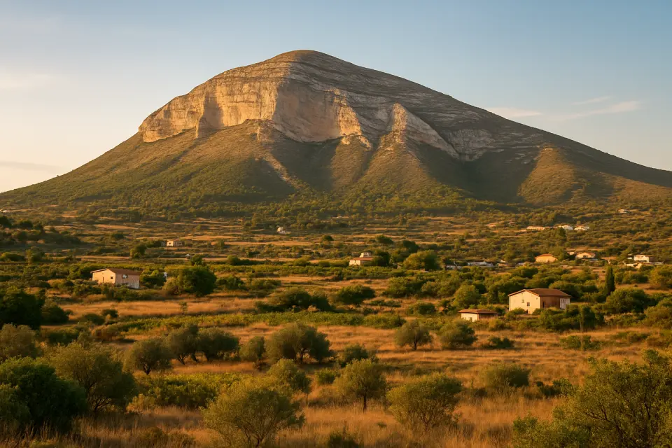 Paesaggio della Marina Alta con il Montgó sullo sfondo, vegetazione mediterranea e terreno naturale tra Ondara e Pedreguer sotto luce naturale.