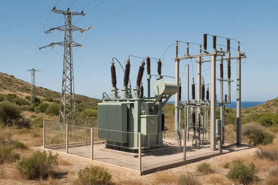 Instalaciones de subestación eléctrica en el paisaje de la Marina Alta, con equipos de transformación y distribución de energía visible contra el terreno costero mediterráneo.