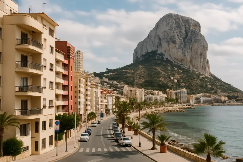 Vue diurne de bâtiments résidentiels et du paysage côtier méditerranéen de Calpe, avec lumière naturelle.