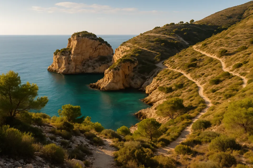 Acantilados rocosos con vegetación mediterránea frente al mar azul turquesa en un parque natural de la costa de Marina Alta.