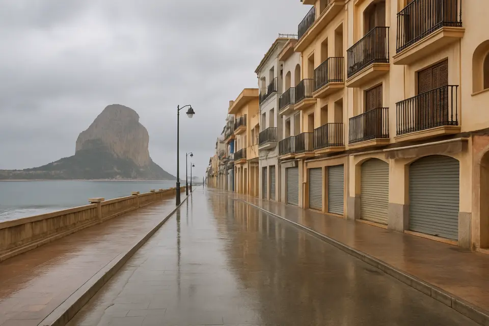Küstenstraße in Calpe unter bewölktem Himmel, nasser Belag und Gebäudefassaden am Meer an einem Regentag