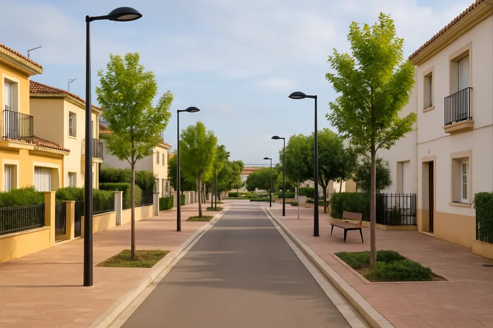 Calle residencial de Ondara con aceras renovadas, farolas modernas y zonas verdes, infraestructuras urbanas de barrio mediterráneo.