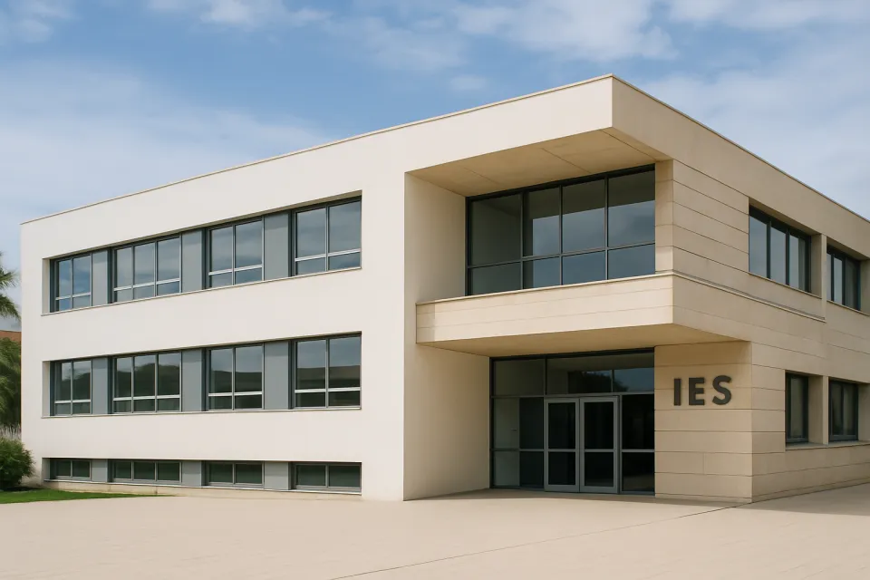 Fachada de un instituto de educación secundaria moderno en Dénia, con arquitectura contemporánea y luz natural diurna.